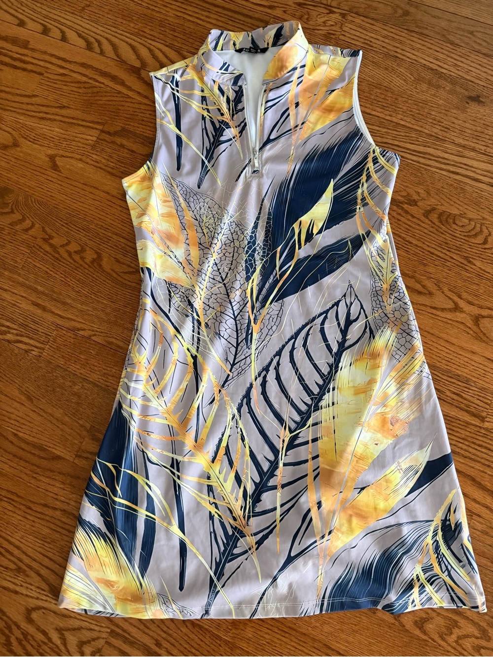Sleeveless Midi Dress in Yellow & Navy Leaf Print